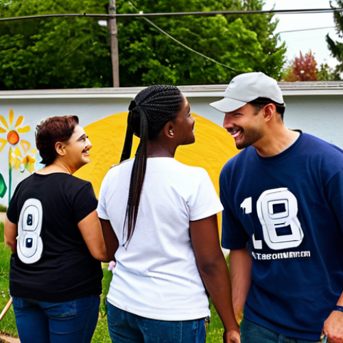 Community Volunteer Day**

"A group of diverse neighbors, fully clothed in casual but modest attire, participating in a community cleanup day in a residential neighborhood. Some are planting flowers, others are picking up litter, and some are painting a mural on a community center wall. Sunny day, friendly atmosphere. Safe for work, appropriate content, family-friendly, perfect anatomy, natural proportions, well-formed hands, proper finger count, professional photography, high quality."

**