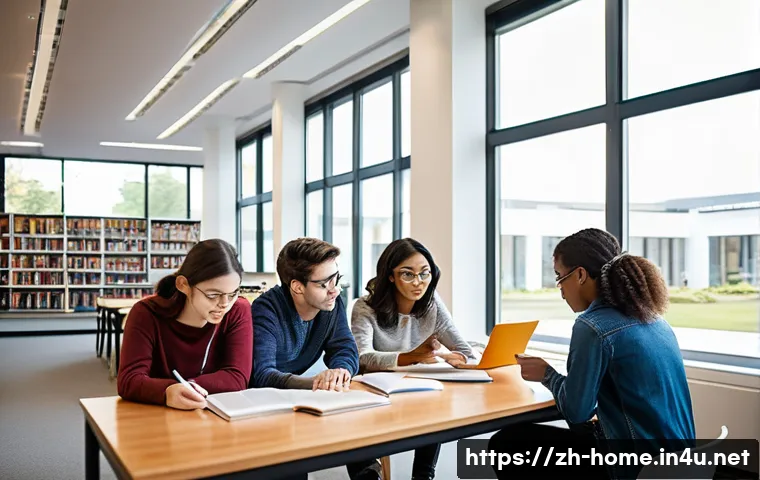 주택관리사 시험 주의사항 - **Prompt:** "A group of diverse young adults studying together at a brightly lit table in a modern l...