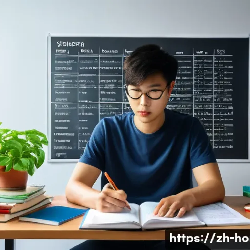 주택관리사 시험의 효율적 학습법 - A modern study room scene showing a young Chinese adult seated at a tidy desk with multiple textbook...