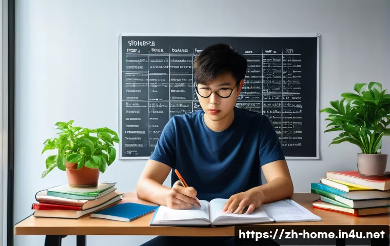 주택관리사 시험의 효율적 학습법 - A modern study room scene showing a young Chinese adult seated at a tidy desk with multiple textbook...