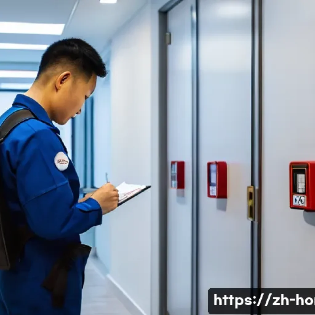 주택관리사와 소방안전관리자의 업무 연계성 - A detailed scene of a residential property manager conducting a daily safety inspection in a modern ...