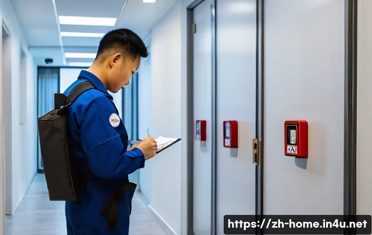 주택관리사와 소방안전관리자의 업무 연계성 - A detailed scene of a residential property manager conducting a daily safety inspection in a modern ...