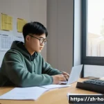 주택관리사 모의고사 활용법 - A modern study room scene featuring a focused Chinese student sitting at a clean desk with a laptop,...