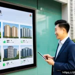 주택관리사와 관리단 간의 관계 - A modern Chinese residential community management scene showing a professional housing administrator...