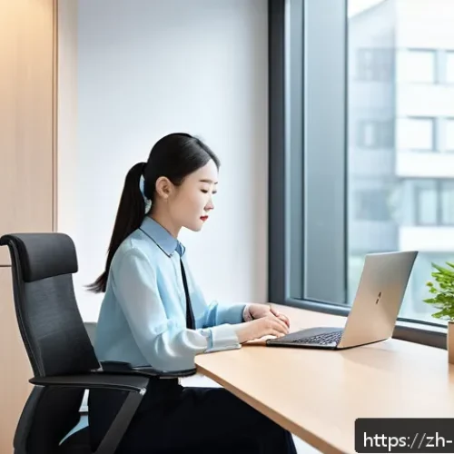 주택관리사 시험 후 등록 절차 - A modern office scene showing a professional Chinese residential property manager sitting at a sleek...